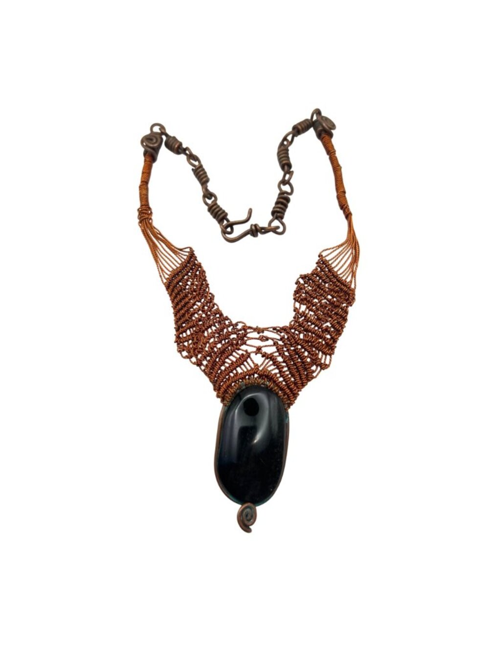 Handmade Copper Wire Wrapped Silver Sheen Obsidian Necklace Boho Statement - Picture 10 of 11
